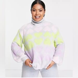 Wednesday Girl High Neck Sweater In Pastel Heart Knit NWT